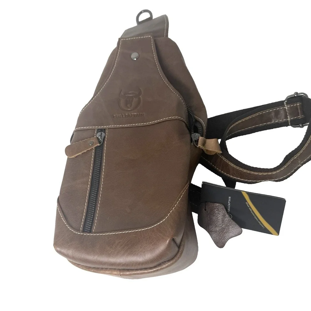 Leather Sling Bag Mens Chest Bag Casual Shoulder Crossbody Bags Travel Hiking...